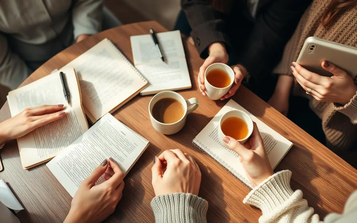 Hands of friends holding journals and tea cups around a wooden table