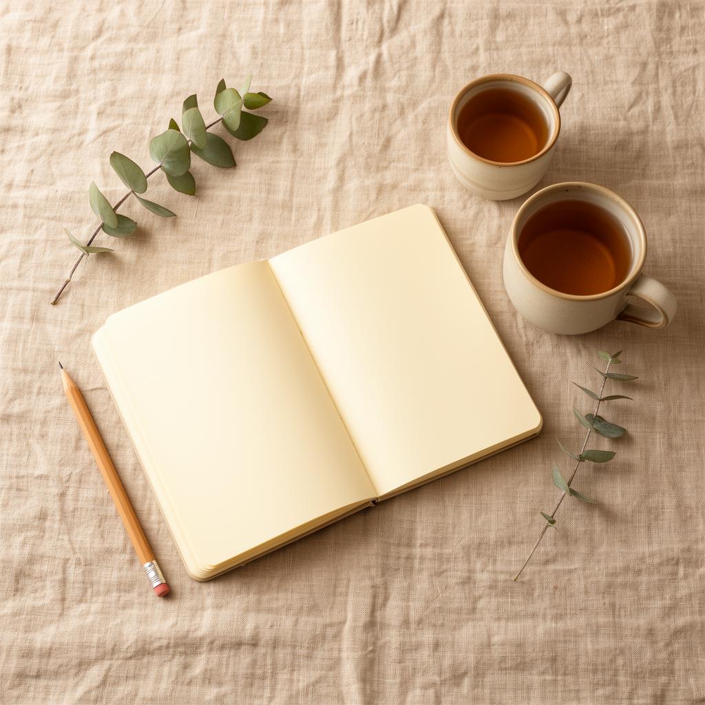 Open leather journal, pen, herbs, and a cup of tea on a wooden table