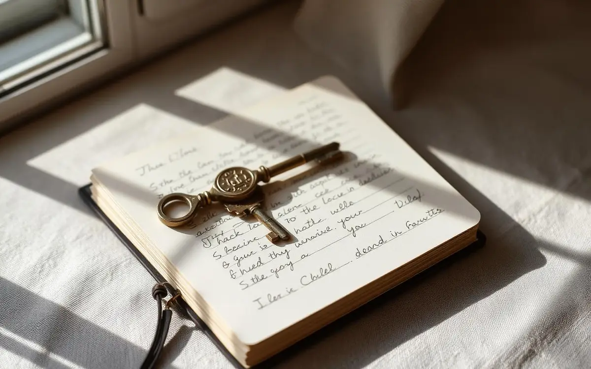 A closed handwritten journal with a brass key resting on top